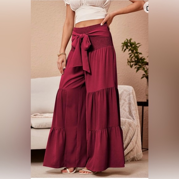 Women's Shirred Elastic Waist Tie Front Ruffle Hem Wide Leg Pants - Picture 5 of 10